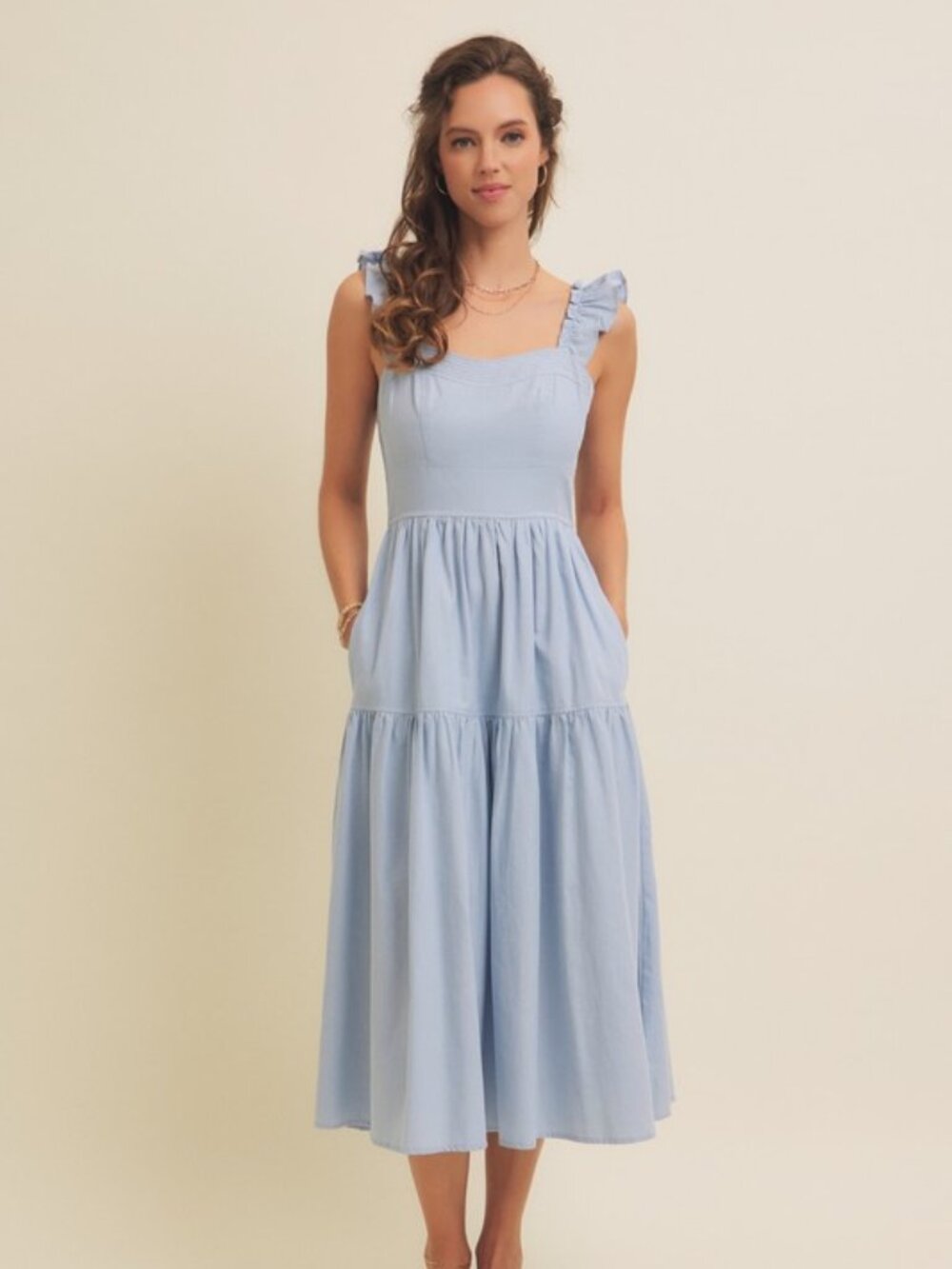 Cloud Gazing Airy Smocked Back Tiered Midi Dress